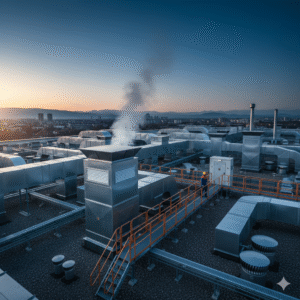 Büyük bir binada duman tahliye bacalarının yer aldığı çatı fotoğrafı