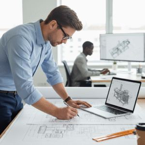 Proje çizimi üzerinde çalışan mühendis fotoğrafı