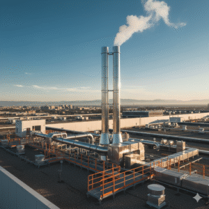 Fabrika çatısında paslanmaz çelik baca sisteminin tamamlanmış hali