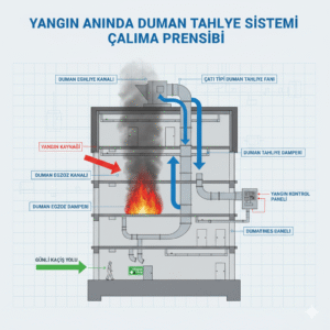 Yangın anında duman tahliye sisteminin çalışma prensibini gösteren diyagram veya görsel