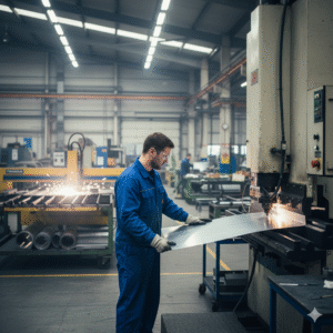 Atölyede sac kesim ve büküm işlemi yapan teknisyen fotoğrafı