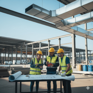 Şantiyede proje kontrolü yapan mühendis ekibi fotoğrafı